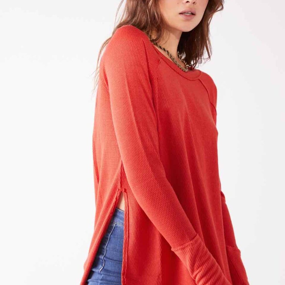 Free People Snowy‎ Thermal Top Ribbed Stretch Orange Women's Size XS